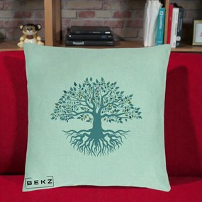 Perna Decorativa Copacul Vietii Teal cu Radacini, 40x40 cm, Verde Menta, Husa Detasabila, Perna Inclusa, BEKZ®