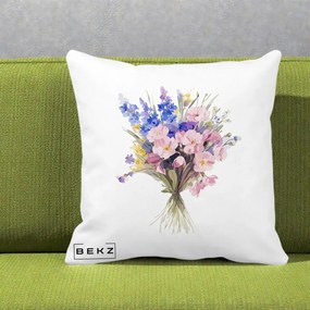 Perna Decorativa Buchet Floral Acuarela Primavara, 40x40 cm, Alba Mata, Husa Detasabila, Perna Inclusa, BEKZ®