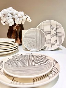 Set 12 Farfurii Ceramica (6 buc Desert 21cm, 6 buc Mari 26cm) Decorama Bej Deschis cu Pensulare Manuala Linii Neagre