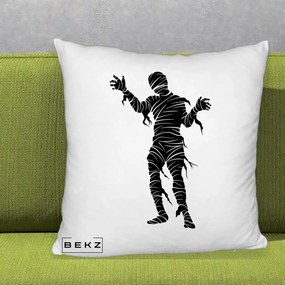 Perna Decorativa Mormii Infricosat Silueta Neagra Halloween, 40x40 cm, Alb Pufos, Husa Detasabila, Perna Inclusa, BEKZ®