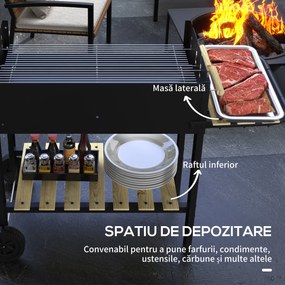 Outsunny Gratar Barbecue Carucior cu Carbune cu Grilaj Dublu Reglabil, Masa Laterala, Raft de Depozitare si Roti, pentru Gatit in Aer Liber