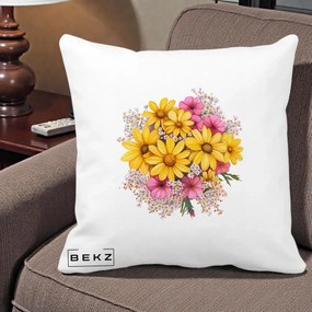 Perna Decorativa Floarea-Soarelui cu Cosmos Roz si Gypsophila, 40x40 cm, Alba Mata, Husa Detasabila, Perna Inclusa, BEKZ®