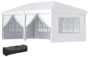 Outsunny Cort 6x3 m pliabil din otel si material Oxford, cort pentru gradina cu 6 pereti laterali, franghii si carlige, alb