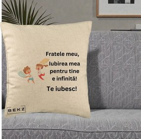 Cadou pentru Frate - Perna Personalizata Fratele Meu Te Iubesc Copii Batalie Perne, 40x40 cm, Bej, Husa Detasabila, Perna Inclusa, BEKZ®