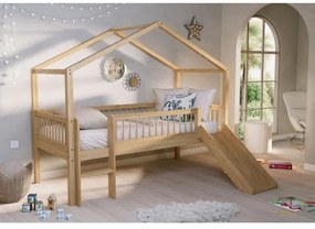 Pat Căsuță Elevat cu Tobogan Forrest Oak pentru Camera Copii, 90x200 cm, din Lemn Masiv de Stejar, Natur – Vipack