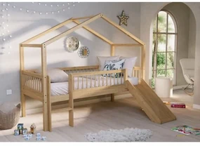 Pat Căsuță Elevat cu Tobogan Forrest Oak pentru Camera Copii, 90x200 cm, din Lemn Masiv de Stejar, Natur – Vipack