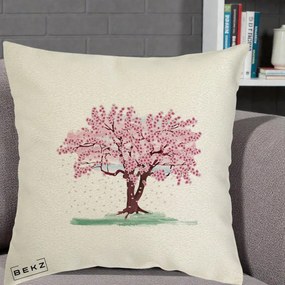 Perna Decorativa Cires Inflorit Acuarela, 40x40 cm, Ecru, Husa Detasabila, Perna Inclusa, BEKZ®