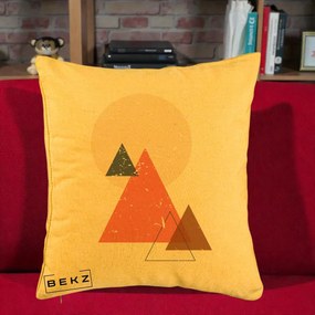Perna Decorativa Geometric Munti si Soare, 40x40 cm, Galben, Husa Detasabila, Perna Inclusa, BEKZ®