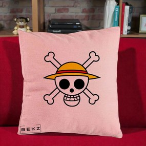 Perna Personalizata One Piece Jolly Roger Straw Hat Pirates, 40x40 cm, Roz, Husa Detasabila, Perna Inclusa, BEKZ®