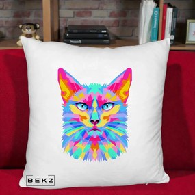 Perna Decorativa Pisica Pop Art Multicolor, 40x40 cm, Alb Pufos, Husa Detasabila, Perna Inclusa, BEKZ®