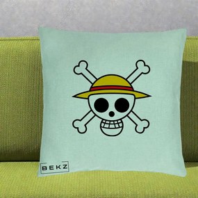 Perna Personalizata One Piece Jolly Roger Straw Hat Pirates, 40x40 cm, Verde Menta, Husa Detasabila, Perna Inclusa, BEKZ®