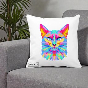 Perna Decorativa Pisica Pop Art Multicolor, 40x40 cm, Alba Mata, Husa Detasabila, Perna Inclusa, BEKZ®