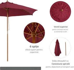 Outsunny Umbrelă de Soare din Lemn, Protecție UV, Φ2.5m, Culoare Bordo | Aosom Romania