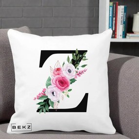 Cadou Personalizat - Perna Personalizata Monograma Florala Litera Z cu Buchet, 40x40 cm, Alba Mata, Husa Detasabila, Perna Inclusa, BEKZ®