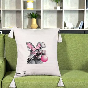 Perna Decorativa Raton cu Urechi de Iepure si Guma de Mestecat, 40x40 cm, Bej cu Franjuri, Husa Detasabila, Perna Inclusa, BEKZ®
