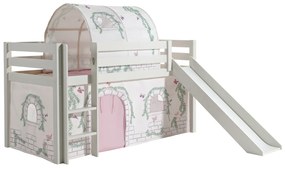 Pat Supraetajat PINO cu Tobogan, Cort și Tunel BIRDY, Alb (Pin Masiv și Textil) – PINO – Vipack