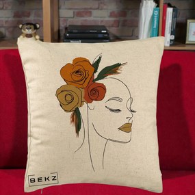 Perna Decorativa Portret Feminin Trandafiri Ruginii, 40x40 cm, Bej, Husa Detasabila, Perna Inclusa, BEKZ®