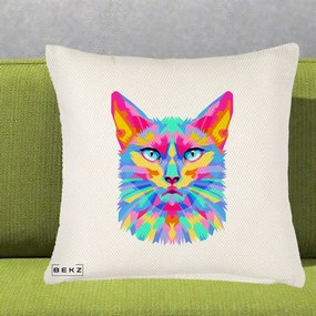 Perna Decorativa Pisica Pop Art Multicolor, 40x40 cm, Crem Reliefat, Husa Detasabila, Perna Inclusa, BEKZ®