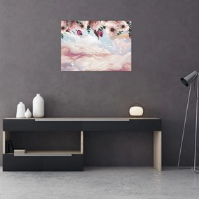 Tablou pe sticlă - Flori roz și marmură roz (70x50 cm)