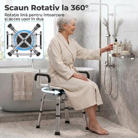 HOMCOM Scaun de Duș Rotativ Reglabil pe Înălțime cu Brațe, Spătar, Capacitate 150 kg, Alb | Aosom Romania