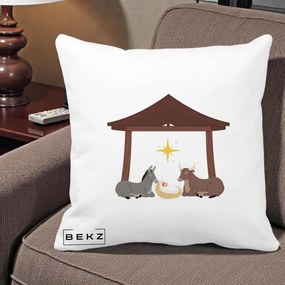 Perna Decorativa Ieslea din Betleem cu Iesle Asin si Bou, 40x40 cm, Alba Mata, Husa Detasabila, Perna Inclusa, BEKZ®