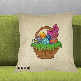 Perna Decorativa Cos cu Oua de Pasti Colorat, 40x40 cm, Crem, Husa Detasabila, Perna Inclusa, BEKZ®
