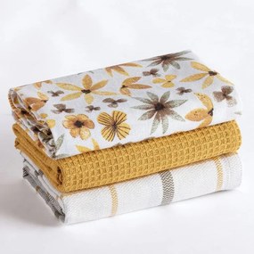 decoDoma Prosoape de bucătărie din bumbac FLORI GALBENE ȘI DE CHIMION 45 x 70 cm set 3 buc