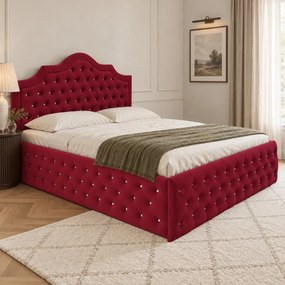 Pat tapițat Chesterfield din catifea Imperio Deluxe 180×200 cm, vișiniu, cu ladă de depozitare