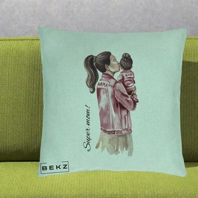 Cadou pentru Mama - Perna Personalizata Super Mom Jachete Roz, 40x40 cm, Verde Menta, Husa Detasabila, Perna Inclusa, BEKZ®