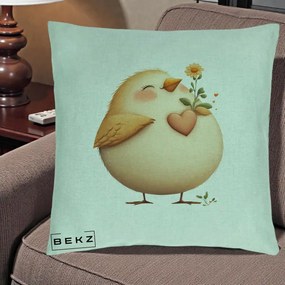 Perna Decorativa Pui cu Inima si Floarea-Soarelui, 40x40 cm, Verde Menta, Husa Detasabila, Perna Inclusa, BEKZ®