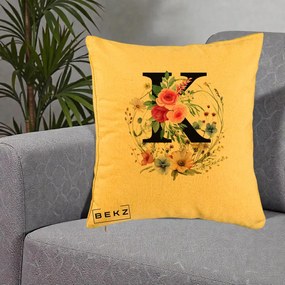 Cadou Personalizat - Perna Personalizata Monogram Litera K cu Flori Acuarela, 40x40 cm, Galben, Husa Detasabila, Perna Inclusa, BEKZ®