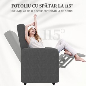 HOMCOM Fotoliu Reglabil Manual cu Suport pentru Picioare și 4 Rotile Tapițat cu Material Textil, 76x78,5x102 cm, Gri | Aosom Romania