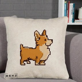 Perna Personalizata Corgi Pixel Art, 40x40 cm, Bej Canapea, Husa Detasabila, Perna Inclusa, BEKZ®