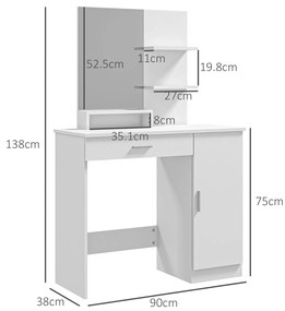 HOMCOM Masă de Machiaj cu Ușă, Sertar, Oglindă și Rafturi Deschise, 90x38x138 cm, Alb