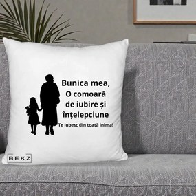 Cadou pentru Bunica - Perna Personalizata Bunica Mea Comoara Iubire Intelepciune Silueta, 40x40 cm, Alb Pufos, Husa Detasabila, Perna Inclusa, BEKZ®