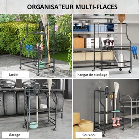 Outsunny Organizator de unelte de grădină, suport pentru unelte de grădină cu 54 de locuri și 5 cârlige din oțel pe roți, 3 niveluri negru | Aosom Romania