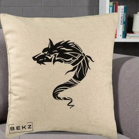 Perna Decorativa Lup Tribal Alb-Negru, 40x40 cm, Bej, Husa Detasabila, Perna Inclusa, BEKZ®