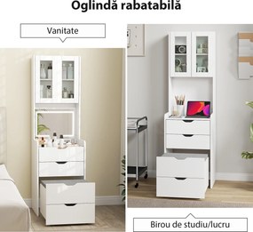 HOMCOM Stație de Machiaj cu Lumini LED în 3 Culori, Oglindă Rabatabilă, Scaun Ascuns, Măsuță de Machiaj cu Scaun Îmbunătățit, 3 Sertare, Compartiment, Dulap cu Uși din Sticlă, Modern, Alb | Aosom Romania