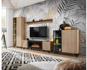 Mobilier living Lyran (hikora jackson + negru (cu iluminat LED) (cu bioșemineu). 1097693