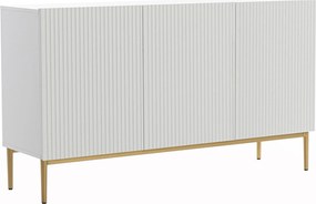 Comodă Nicole 150 cm cu 3 uși, fronturi riflate - alb mat / picioare aurii