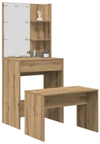 vidaXL Set de masă de toaletă cu LED Artisan Stejar lemn prelucrat