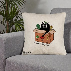 Perna Decorativa Pisica in Cutie No Desire to Fit In, 40x40 cm, Bej Canapea, Husa Detasabila, Perna Inclusa, BEKZ®