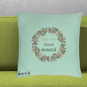 Cadou pentru Bunica - Perna Personalizata Cea Mai Buna Bunica Coronita Flori Roz, 40x40 cm, Verde Menta, Husa Detasabila, Perna Inclusa, BEKZ®