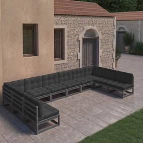 3077208 vidaXL Set mobilier grădină cu perne, 10 piese, negru, lemn masiv pin