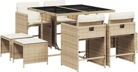vidaXL Set de masă pentru grădină, 9 piese, cu perne, bej, poliratan