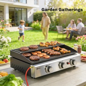 Outsunny Plancha pe gaz din inox, 3 arzătoare, grătar pe gaz cu plită emailată și grilă de menținere la cald, 7,5 kW, 62x44x21cm, Negru | Aosom Romania