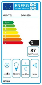 Hota decorativa Kumtel DA6-830-A0A, 650 m³/h, 60 cm, 3 viteze, Comanda mecanica, Panou din sticla, Iluminare LED, Alb