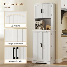 HOMCOM Dulap de bucătărie înalt, stil country, cu 2 dulapuri și 8 suporturi pentru condimente, 60x40x181.5 cm, alb | Aosom Romania