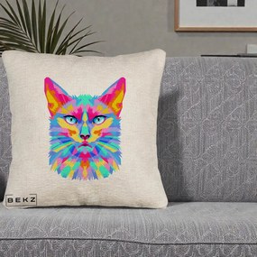 Perna Decorativa Pisica Pop Art Multicolor, 40x40 cm, Bej Canapea, Husa Detasabila, Perna Inclusa, BEKZ®