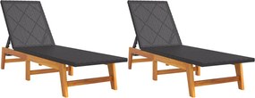 vidaXL Șezlonguri, 2 buc., negru / maro, poliratan & lemn masiv acacia